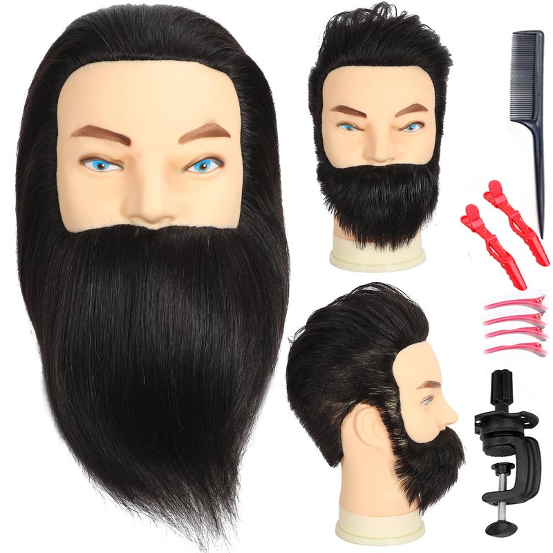simnient Male Mannequin Head with Beard 100% Human Hair Haircut Manikin Head for Cosmetology Straight Thick Hair Doll Head with Human Hair with Stand Practice Cutting Styling - Image 1